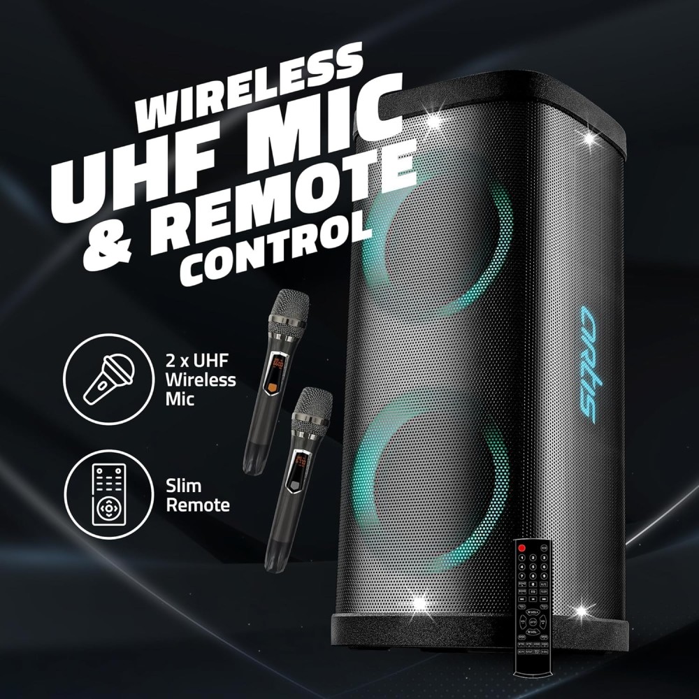 Artis BT808 80W Wireless Bluetooth Party Speaker with FM/USB/Aux in/Mobile Stand & 2X UHF Wireless Mic.