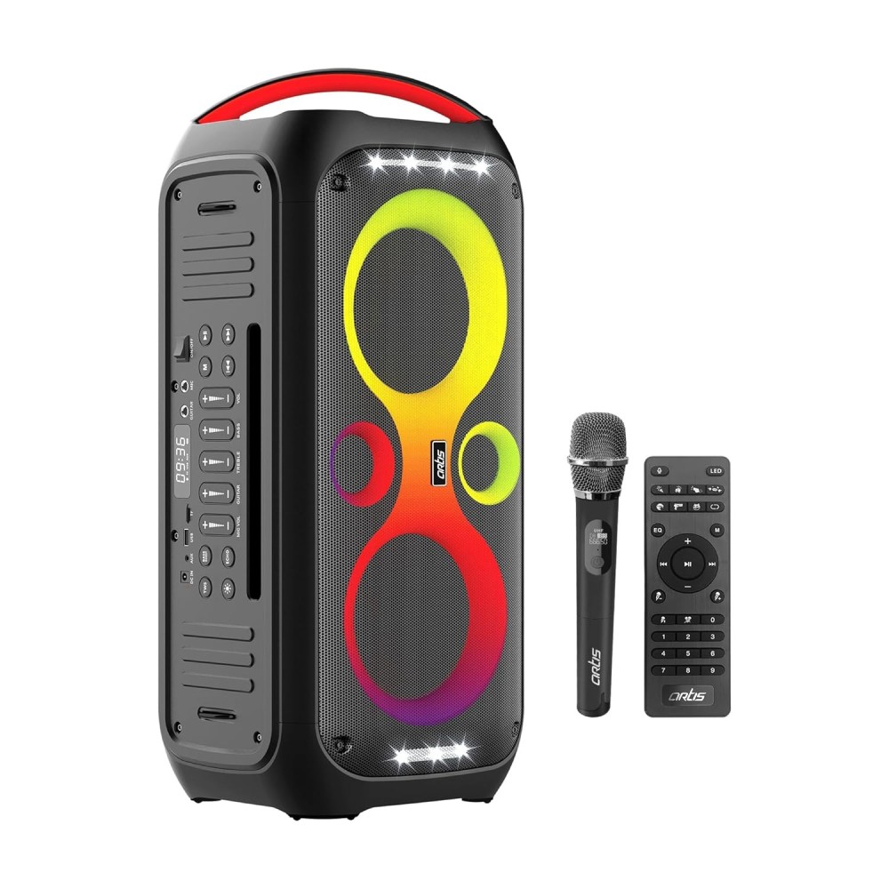 Artis SoundPro 500 Portable Bluetooth Party Speaker with TWS/USB/TF Card/AUX Input/Guitar Input/Wireless Mic & Wireless Remote (Black) (100W RMS Output)