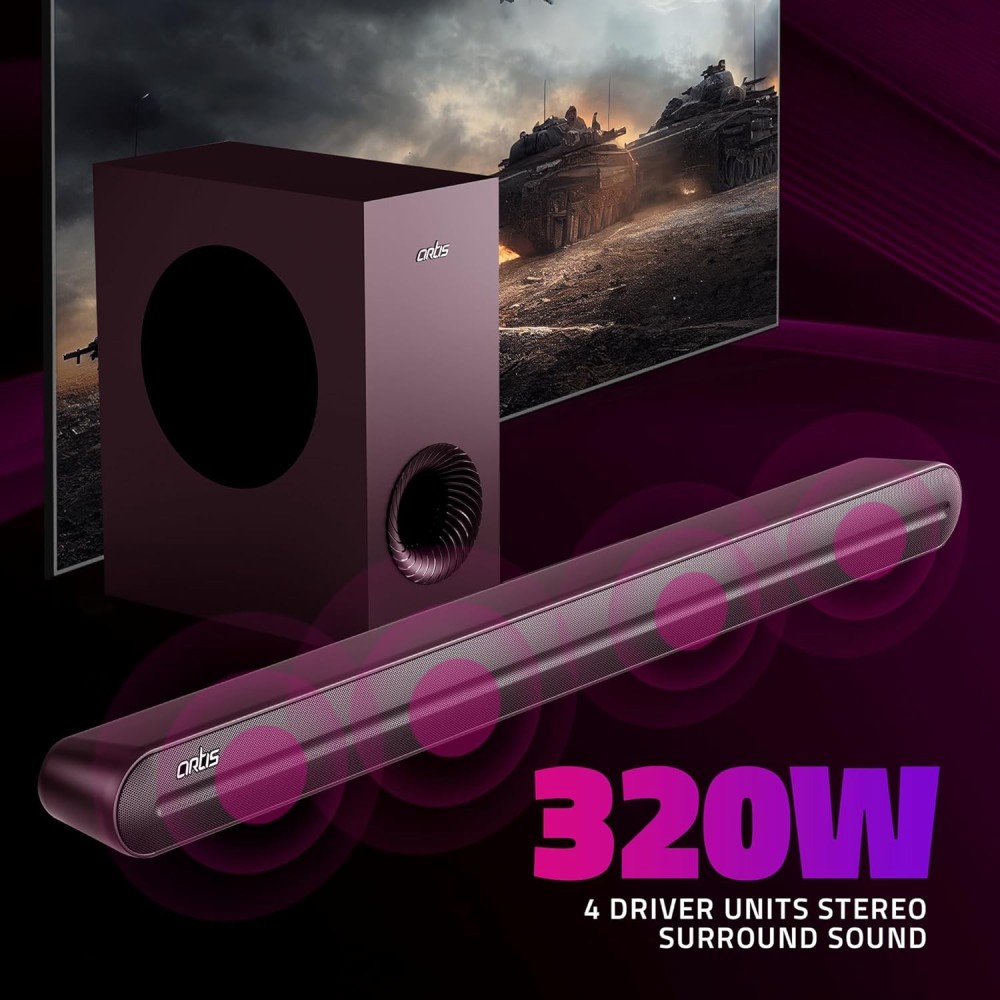 Artis SoundHub 410 320W 2.1 Channel Wireless Bluetooth Soundbar with Wireless Subwoofer, 3 EQ Presets, 4 Driver Units, HDMI ARC, Optical, AUX, Coaxial & USB Connectivity – Home Theater Sound System