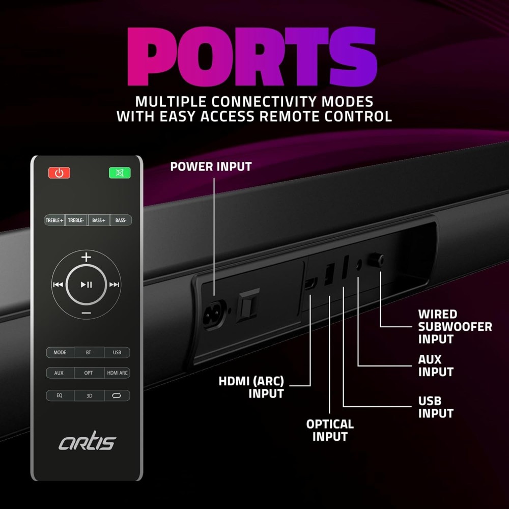 Artis SoundHub 410 320W 2.1 Channel Wireless Bluetooth Soundbar with Wireless Subwoofer, 3 EQ Presets, 4 Driver Units, HDMI ARC, Optical, AUX, Coaxial & USB Connectivity – Home Theater Sound System