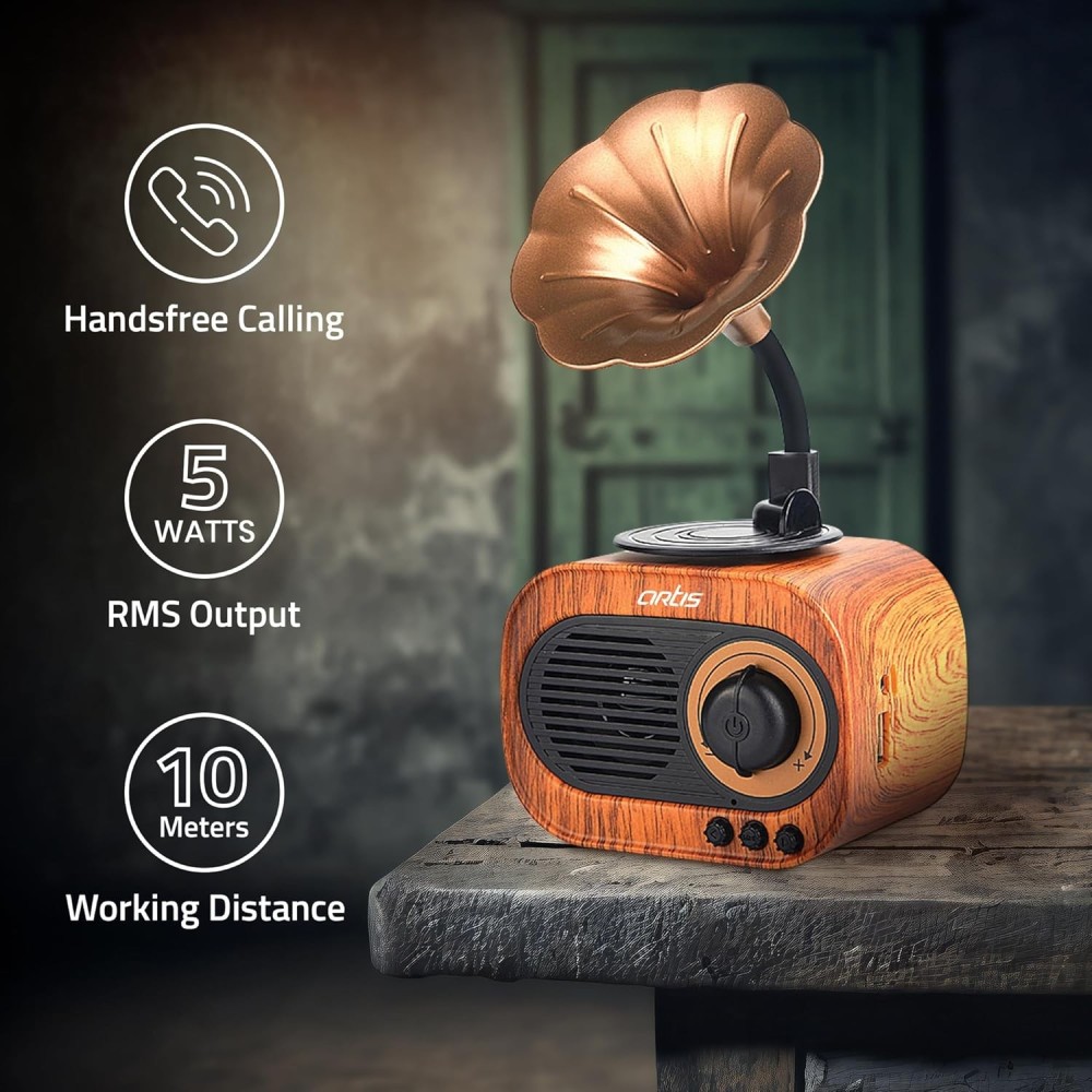 Artis BT12 Classic Retro Wireless BT Speaker with FM/USB/AUX in & Hands Free Calling (5W RMS Output)