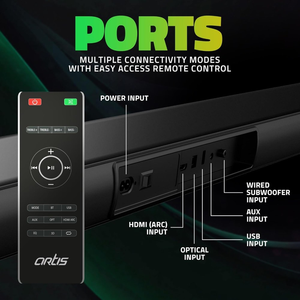Artis SoundHub 310 2.1 CH 200 Watts Wireless Bluetooth Soundbar with Wired Subwoofer & Multiple Input Modes: Bluetooth/HDMI (ARC) / AUX in/Optical