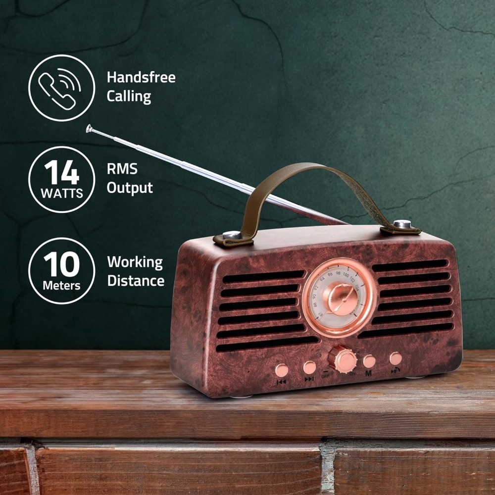 Artis BT45 Retro Portable Wireless Bluetooth Speaker with Analog Control FM/USB/TF Card Reader/AUX in & Hands Free Calling Mic.(Brown) (14W RMS Output).