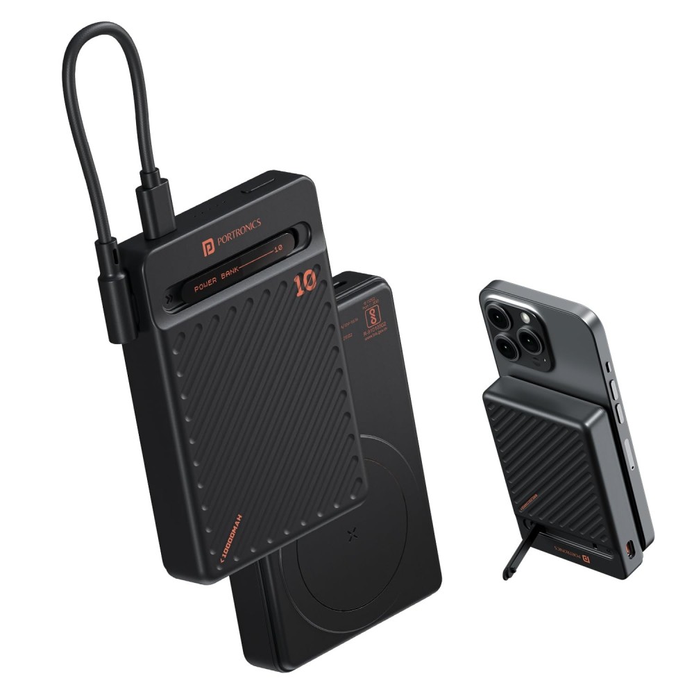 Portronics Chyro 10000mAh 15W Magnetic Wireless Power Bank with MagSafe, 20W Fast Charging, Built-in USB-C Cable, Foldable Mobile Stand, Compatible with iPhone 12 & Above, Android & Qi-Enabled Devices(Black)