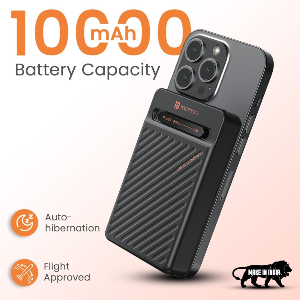Portronics Chyro 10000mAh 15W Magnetic Wireless Power Bank with MagSafe, 20W Fast Charging, Built-in USB-C Cable, Foldable Mobile Stand, Compatible with iPhone 12 & Above, Android & Qi-Enabled Devices(Black)