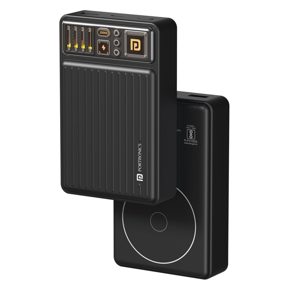 Portronics Luxcell Mini 20K 20000mAh Magnetic Wireless Power Bank with 15W MagSafe-Compatible Charging, 22.5W PD Fast Charging, USB-C & USB-A Outputs for iPhone 12-16 & Qi Devices – (Black)