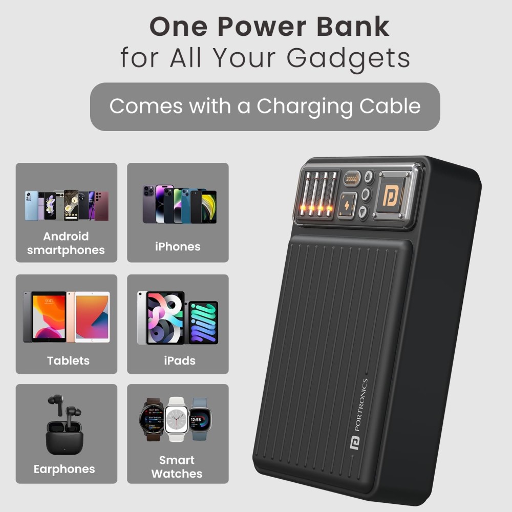 Portronics Luxcell Mini 20K 20000mAh Magnetic Wireless Power Bank with 15W MagSafe-Compatible Charging, 22.5W PD Fast Charging, USB-C & USB-A Outputs for iPhone 12-16 & Qi Devices – (Black)