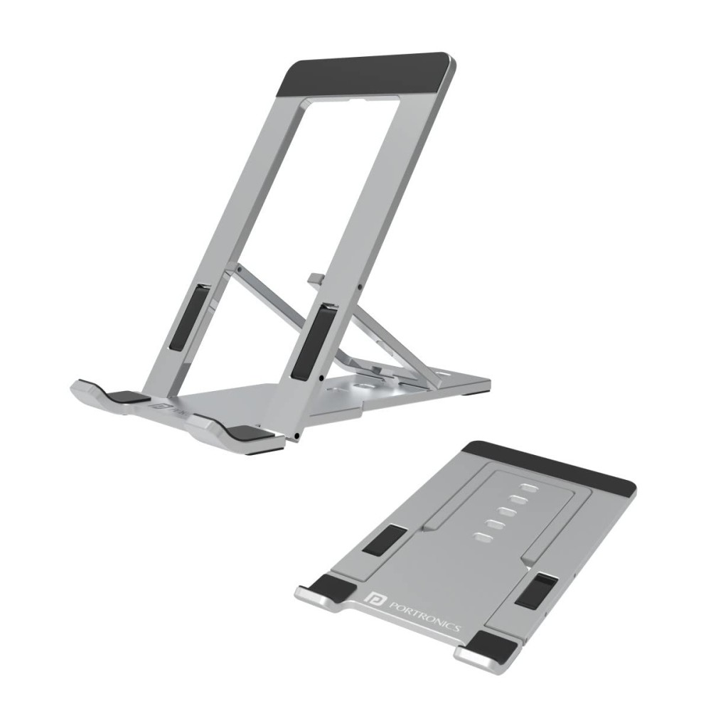 Portronics Modesk One Universal Mobile & Tablet Holder with 5 Adjustable Angles, Foldaway Design, Horizontal View Support(Silver)