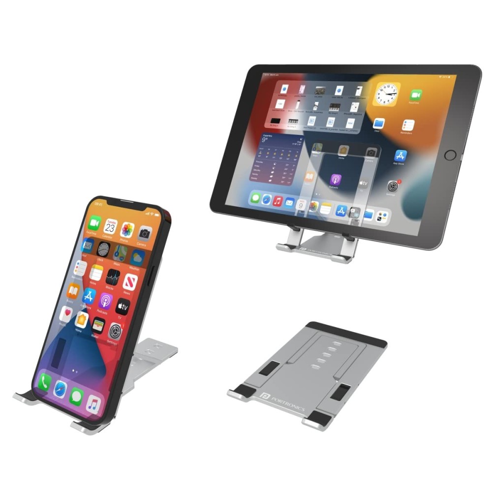 Portronics Modesk One Universal Mobile & Tablet Holder with 5 Adjustable Angles, Foldaway Design, Horizontal View Support(Silver)