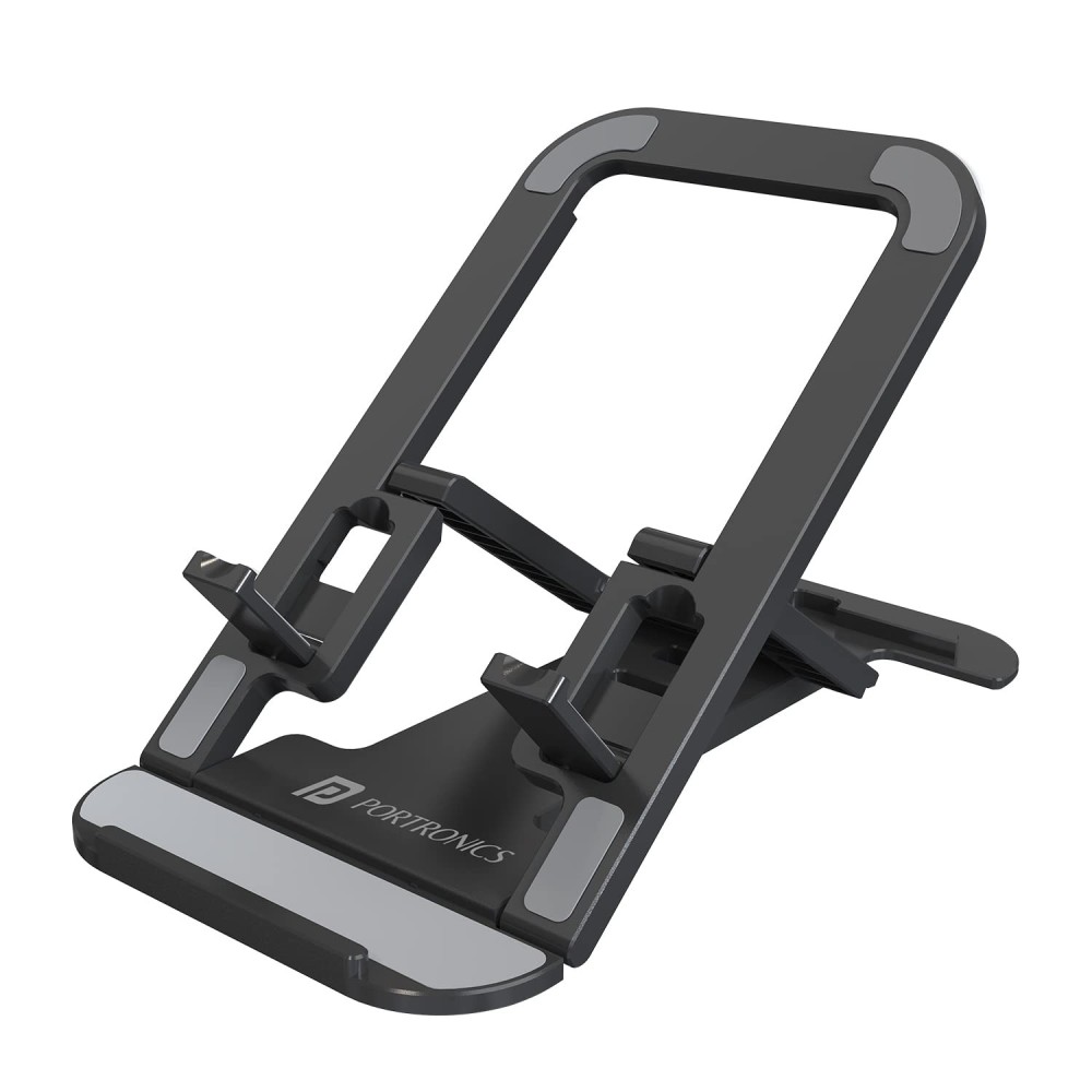 Portronics Modesk 100 Foldable Mobile & Tablet Stand, Adjustable Desktop Phone Holder with Multiple Viewing Angles, Anti-Slip Durable ABS Design, Compatible with Smartphones & Tablets – (Black)