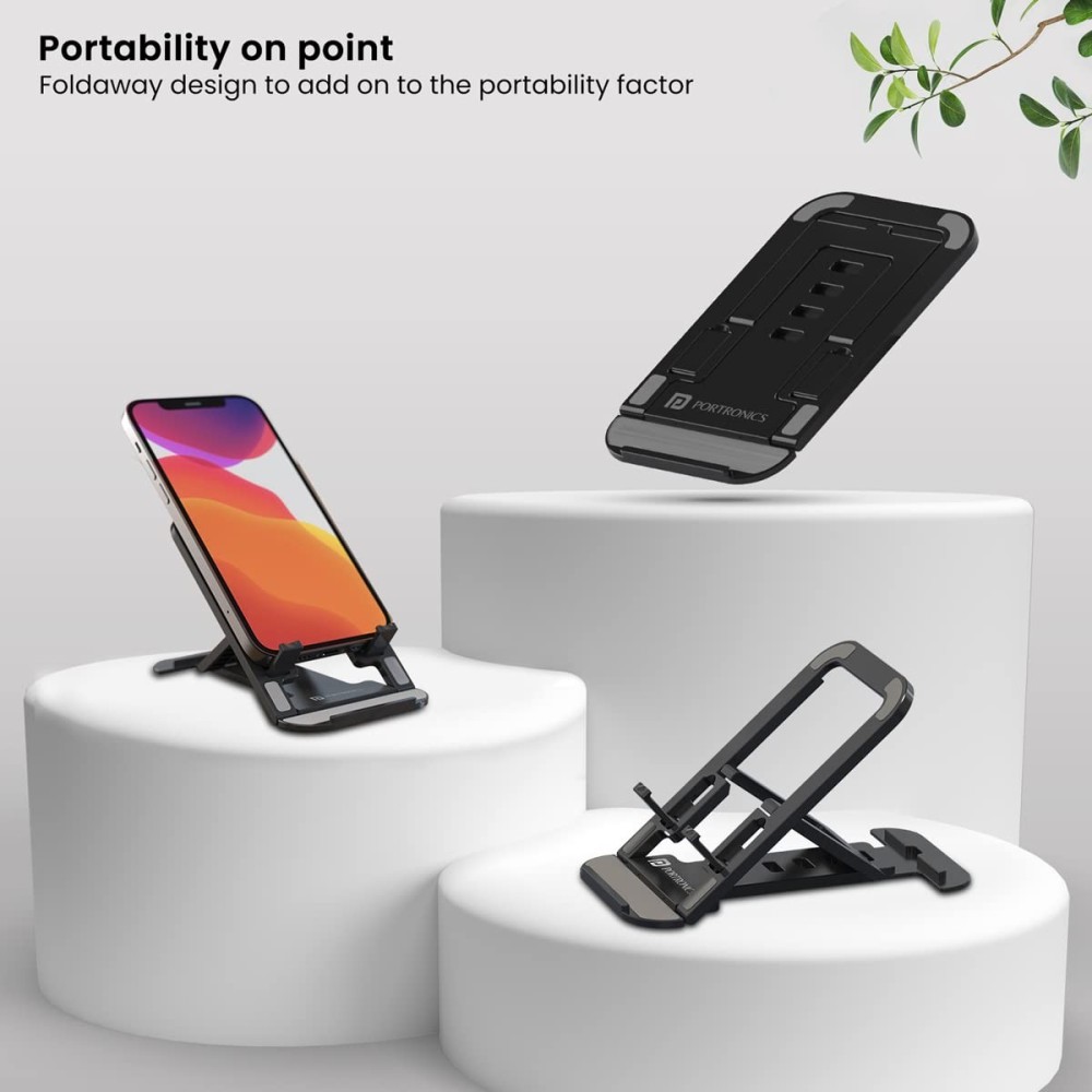 Portronics Modesk 100 Foldable Mobile & Tablet Stand, Adjustable Desktop Phone Holder with Multiple Viewing Angles, Anti-Slip Durable ABS Design, Compatible with Smartphones & Tablets – (Black)