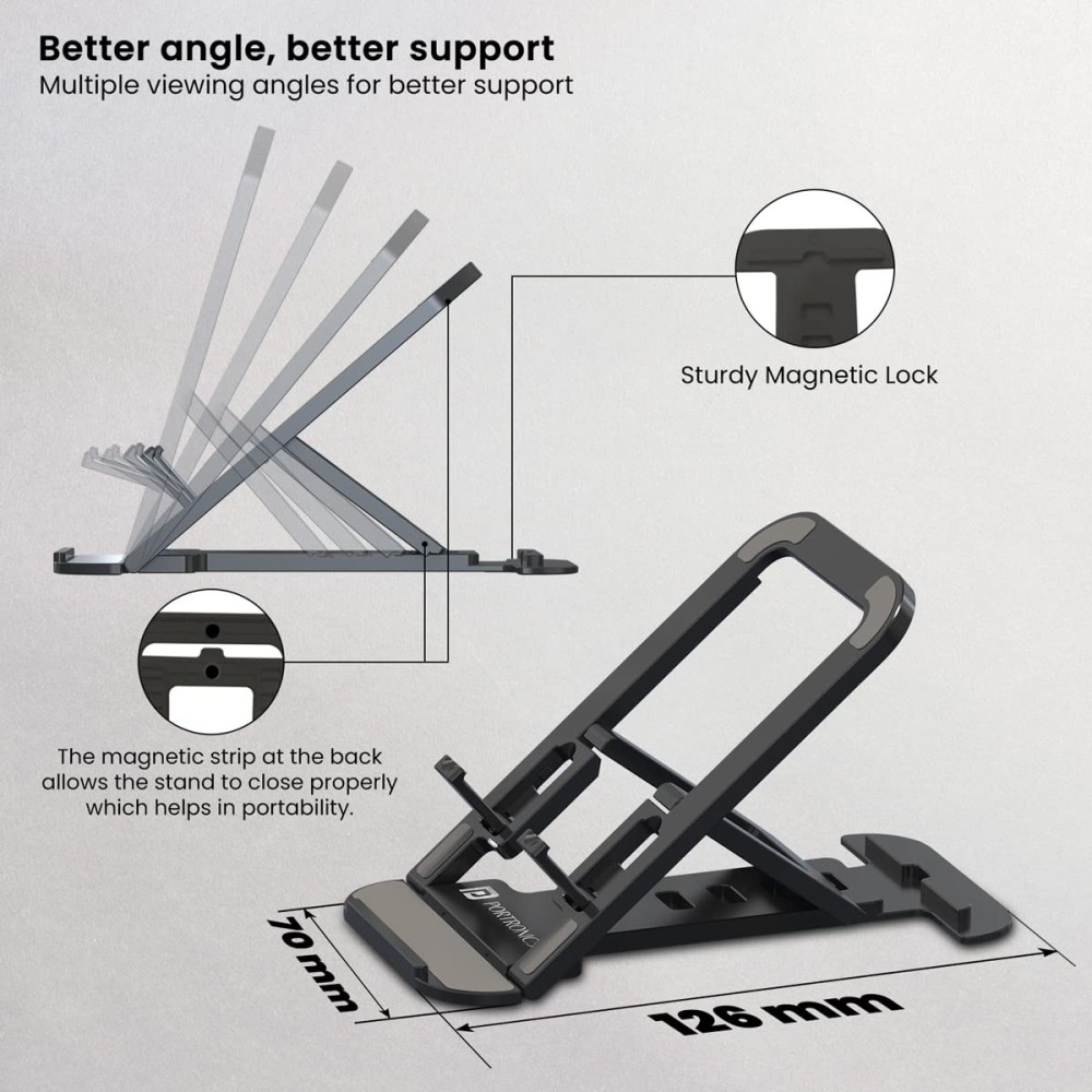 Portronics Modesk 100 Foldable Mobile & Tablet Stand, Adjustable Desktop Phone Holder with Multiple Viewing Angles, Anti-Slip Durable ABS Design, Compatible with Smartphones & Tablets – (Black)