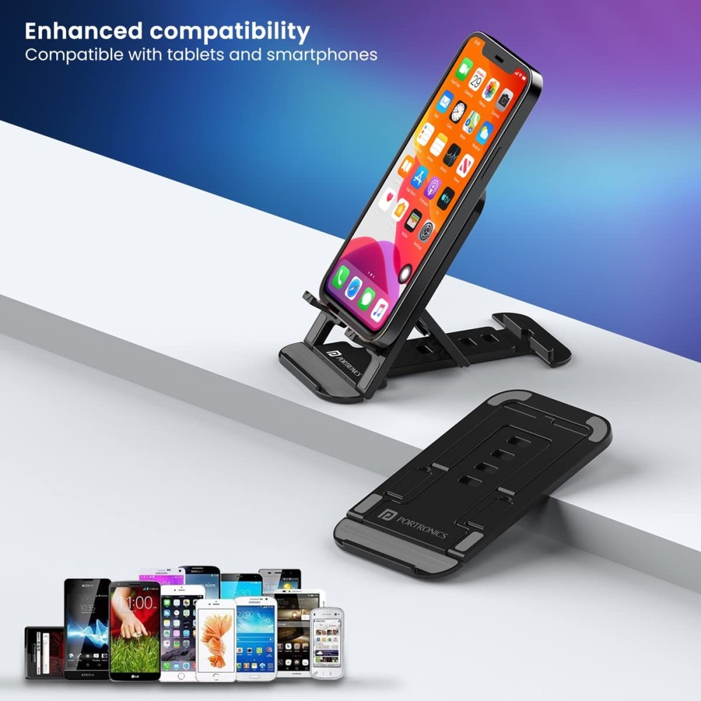 Portronics Modesk 100 Foldable Mobile & Tablet Stand, Adjustable Desktop Phone Holder with Multiple Viewing Angles, Anti-Slip Durable ABS Design, Compatible with Smartphones & Tablets – (Black)