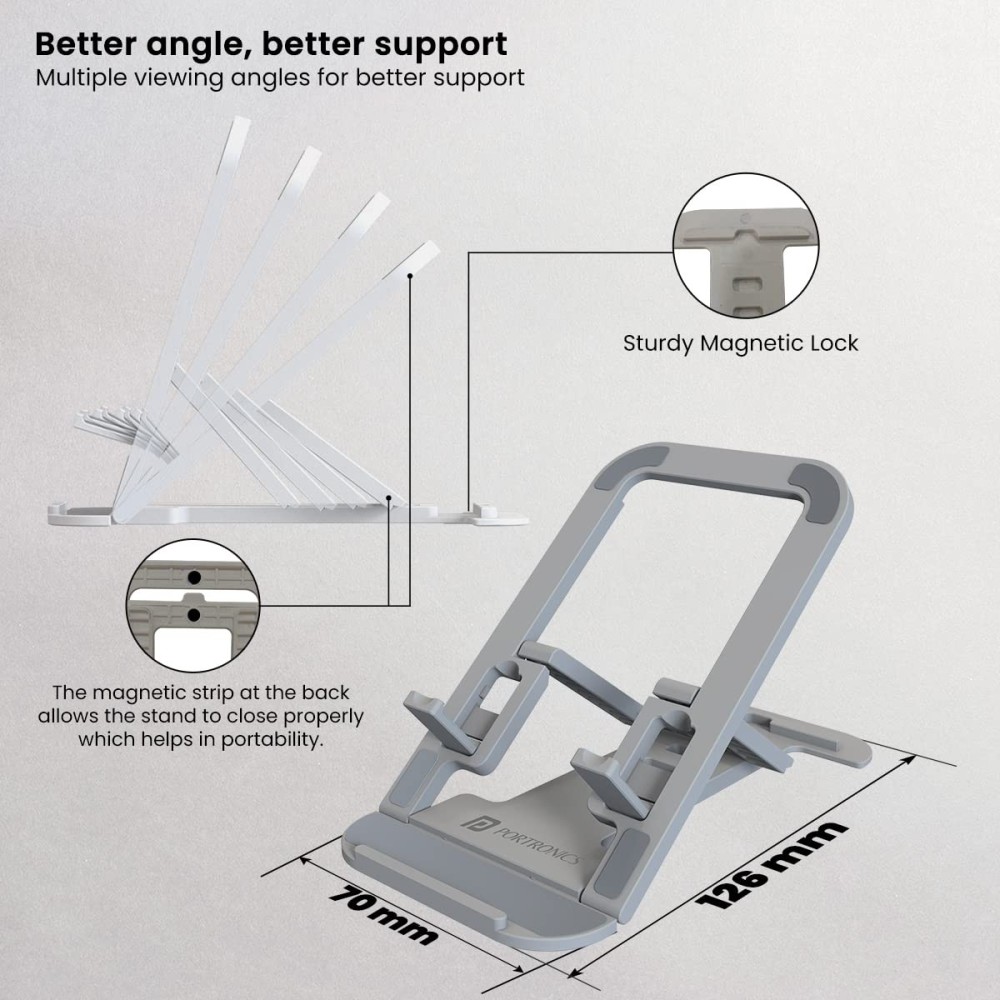 Portronics Modesk 100 Foldable Mobile & Tablet Holder Stand | Adjustable Multi-Angle Desktop Phone Stand | Anti-Slip ABS Holder for Smartphones & Tablets(Grey)
