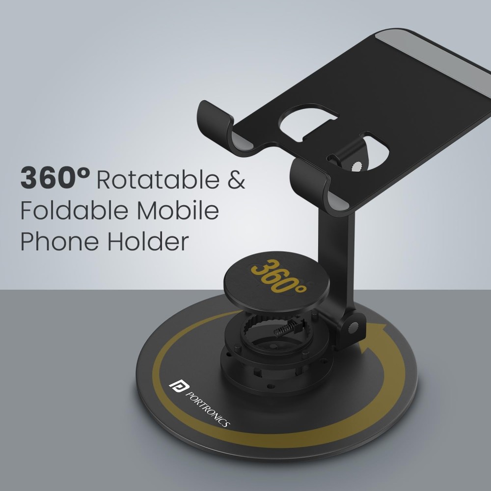 Portronics Mobot 4 Universal Mobile Stand with 360° Rotation & Height Adjustment | Foldable Anti-Skid Phone & Tablet Holder | Stable Metal Base for Smartphones, Tablets & Kindle