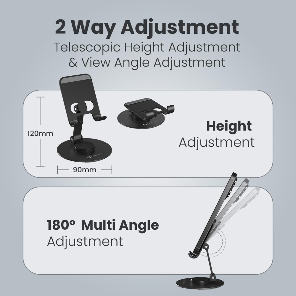 Portronics Mobot 4 Universal Mobile Stand with 360° Rotation & Height Adjustment | Foldable Anti-Skid Phone & Tablet Holder | Stable Metal Base for Smartphones, Tablets & Kindle