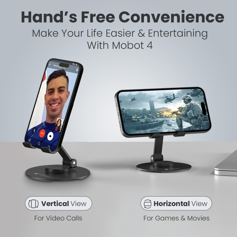 Portronics Mobot 4 Universal Mobile Stand with 360° Rotation & Height Adjustment | Foldable Anti-Skid Phone & Tablet Holder | Stable Metal Base for Smartphones, Tablets & Kindle