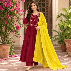 Beautiful Designer Plus Size Maroon Mul Chanderi 3 Piece Suit Set for Women, A-Line Kurta with Handwork Yoke, Free Size Bottom, Contrast Banarasi Dupatta, Ethnic Wear