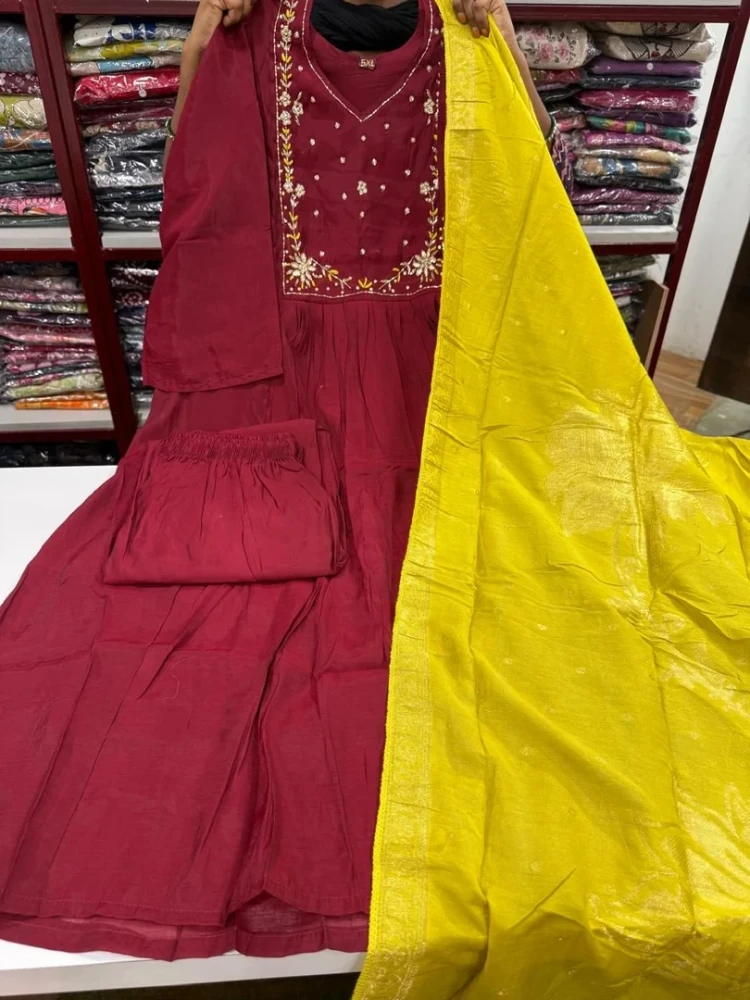 Beautiful Designer Plus Size Maroon Mul Chanderi 3 Piece Suit Set for Women, A-Line Kurta with Handwork Yoke, Free Size Bottom, Contrast Banarasi Dupatta, Ethnic Wear