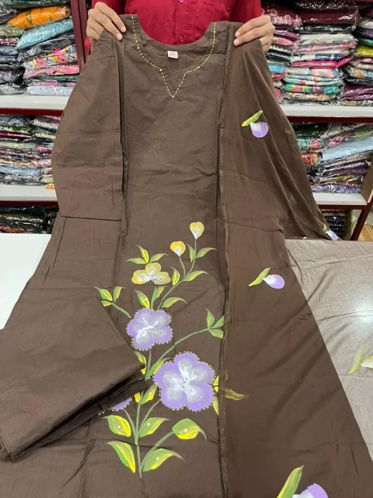 Beautiful Brown Brush Paint Dobby Cotton 3 Piece Suit Set for Women | Designer Printed Kurti with Palazzo & Chiffon Dupatta | Casual Ethnic Wear