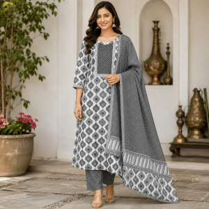 Beautiful Designer Plus Size Grey Printed Cotton Blend 3 Piece Kurta Set with Dupatta & Bottom for Women, Elegant Ethnic Wear - (CMHT0204)