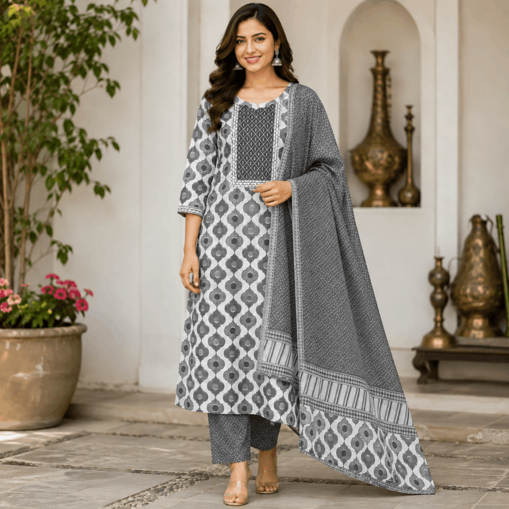 Beautiful Designer Plus Size Grey Printed Cotton Blend 3 Piece Kurta Set with Dupatta & Bottom for Women, Elegant Ethnic Wear - (CMHT0204)