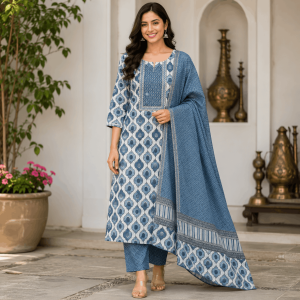 Beautiful Designer Plus Size Dusty Blue Printed Cotton Blend 3 Piece Kurta Set with Dupatta & Bottom for Women, Elegant Ethnic Wear - (CMHT0202)