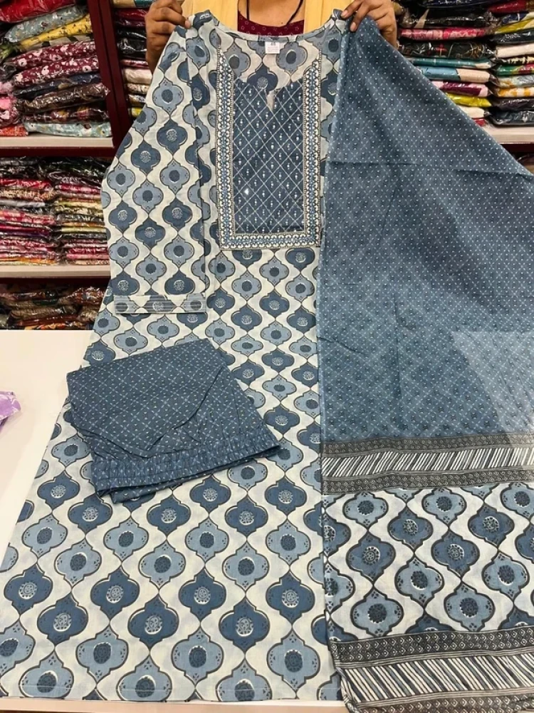 Beautiful Designer Plus Size Dusty Blue Printed Cotton Blend 3 Piece Kurta Set with Dupatta & Bottom for Women, Elegant Ethnic Wear - (CMHT0202)