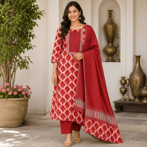 Beautiful Plus Size Rust Orange Printed 3 Piece Kurta Set with Dupatta & Bottom for Women, Cotton Blend Ethnic Suit - (CMHT0201)