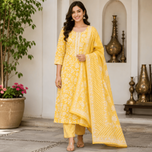 Beautiful Plus Size Light Yellow Jaipuri Cotton 3 Piece Suit Set for Women | Premium Jaipuri Cotton Kurta with Lining, Free Size Bottom & Jaipuri Cotton Dupatta | Ethnic Salwar Suit