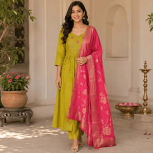 Beautiful Designer Plus Size Lite Green Embroidered 3 Piece Kurta Set with Pink Banarasi Dupatta & Bottom for Women, Ethnic Wear - (CMHT0450)