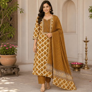 Beautiful Plus Size Yellow Jaipuri Cotton 3 Piece Suit Set for Women with Premium Cotton Top, Free Size Bottom & Jaipuri Cotton Dupatta | Ethnic Kurta Set