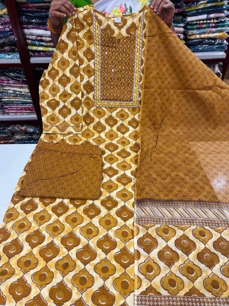 Beautiful Plus Size Yellow Jaipuri Cotton 3 Piece Suit Set for Women with Premium Cotton Top, Free Size Bottom & Jaipuri Cotton Dupatta | Ethnic Kurta Set