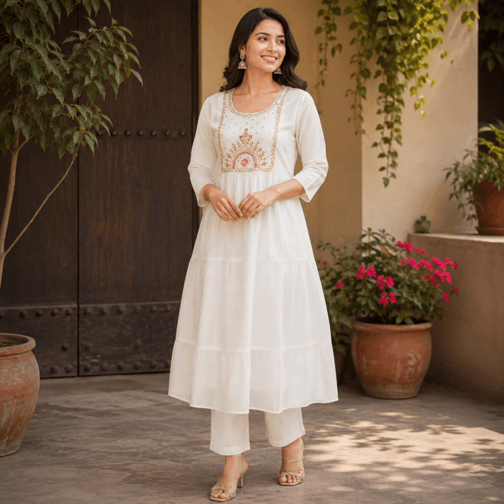 Beautiful Designer Plus Size Half White Embroidered 3 Piece Kurta Set with Pink Banarasi Dupatta & Bottom for Women, Elegant Ethnic Wear - (CMHT0448)