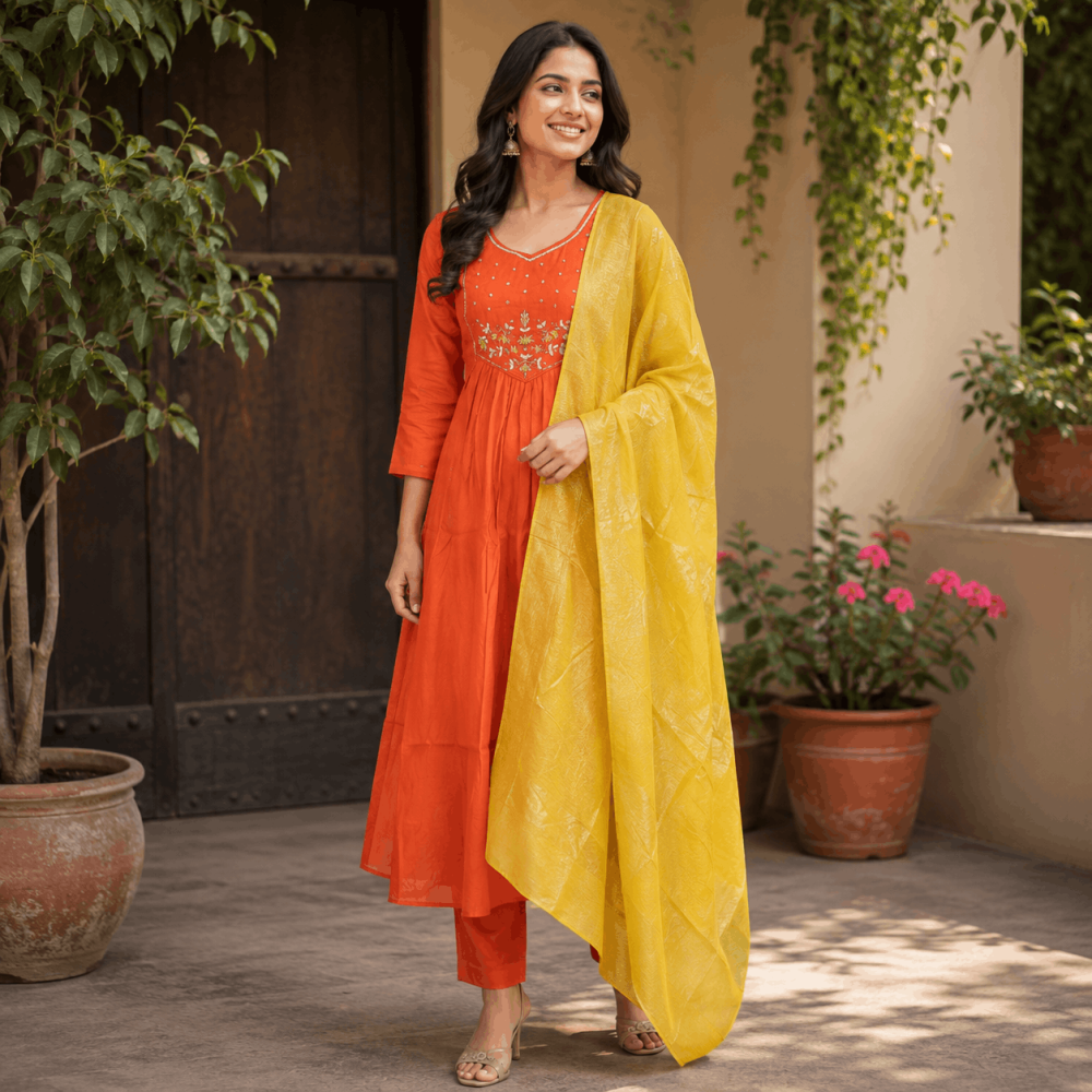 Beautiful Designer Plus Size Orange Embroidered 3 Piece Kurta Set with Yellow Woven Dupatta & Bottom for Women, Elegant Ethnic Wear - (CMHT0447)