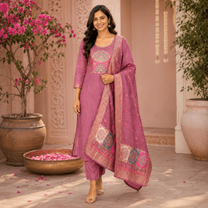 Beautiful Designer Plus Size Lite Peach Embroidered 3 Piece Kurta Set with Woven Dupatta & Bottom for Women, Elegant Ethnic Wear - (CMHT0638)