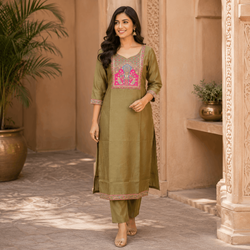 Beautiful Plus Size lite Green Embroidered Cotton Blend 3 Piece Suit Set with Woven Dupatta for Women, Ethnic Kurta Palazzo Set - (CMHT0637)