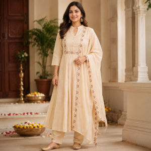 Beautiful Designer Plus Size Cream Embroidered 3 Piece Kurta Set with Matching Dupatta & Bottom for Women, Elegant Ethnic Wear - (CMHT0587)