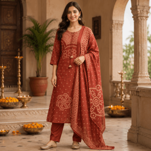 Beautiful Plus Size Rust Brown Bandhani Print 3 Piece Kurta Set with Dupatta for Women, Ethnic Suit Set - (CMHT0578)