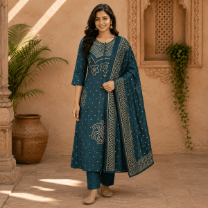 Women's Beautiful Plus Size Peacock Blue 3 Pc Ethnic Suit Set with Printed Dupatta & Straight Pant, Traditional Kurta Set - (CMHT0577)