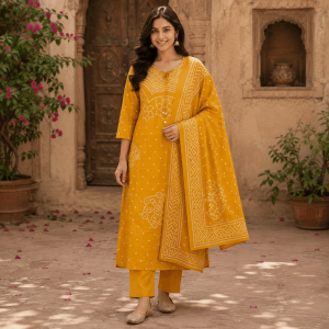 Beautiful Plus Size Mustard Yellow Cotton Blend Printed 3 Piece Suit Set for Women with Dupatta, Ethnic Kurta, Pant & Dupatta - (CMHT0576)