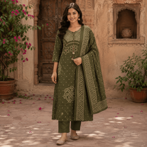 Beautiful Plus Size Mehendi Green Cotton Blend Printed 3 Piece Suit Set for Women with Dupatta, Ethnic Kurta, Pant & Dupatta - (CMHT0575)