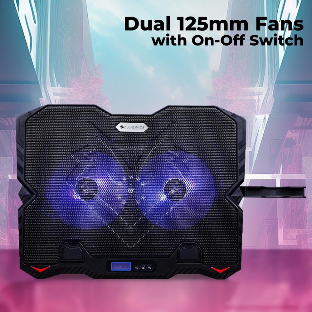 Zebronics NC5500D Laptop Cooler with Dual 125mm Fans, Silent Operation, Adjustable Fan Speed, Display, USB & 5-Step Stand