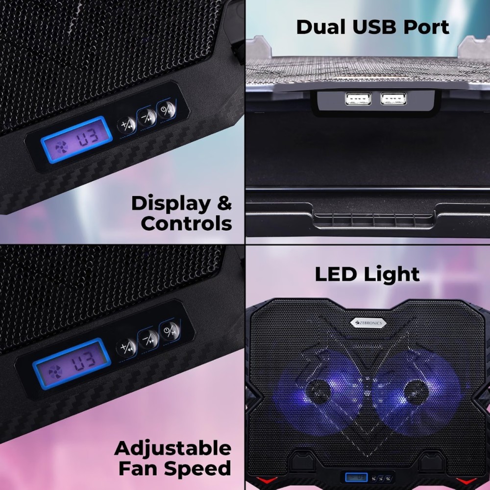 Zebronics NC5500D Laptop Cooler with Dual 125mm Fans, Silent Operation, Adjustable Fan Speed, Display, USB & 5-Step Stand