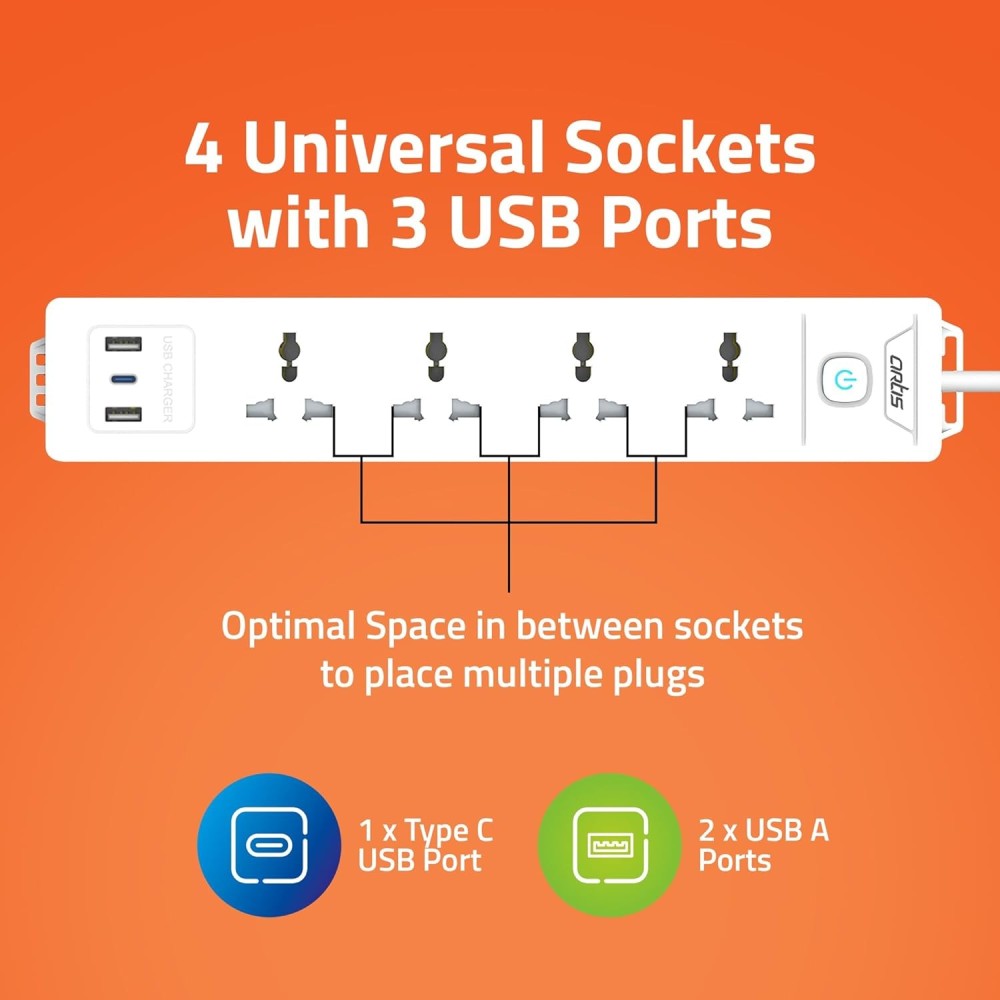 Artis AR-4SS-USB 4 Universal Sockets with 2 USB-A & USB-C Port Single Switch Surge Protector (White, 2 m)