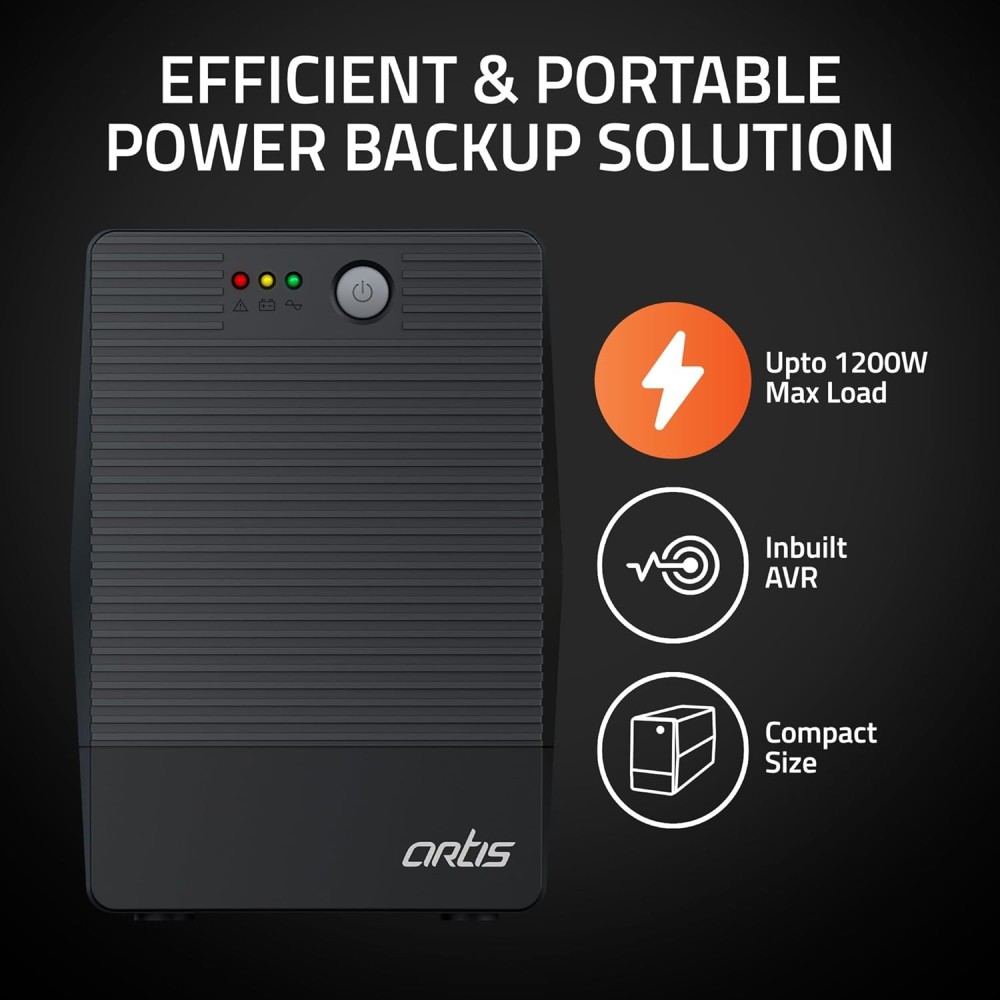 Artis 2000VA Line Interactive UPS for Personal/Gaming Computers, Desktop PCs, Laptops, Routers, Networking Devices and Gaming Consoles with 16A Input Plug.