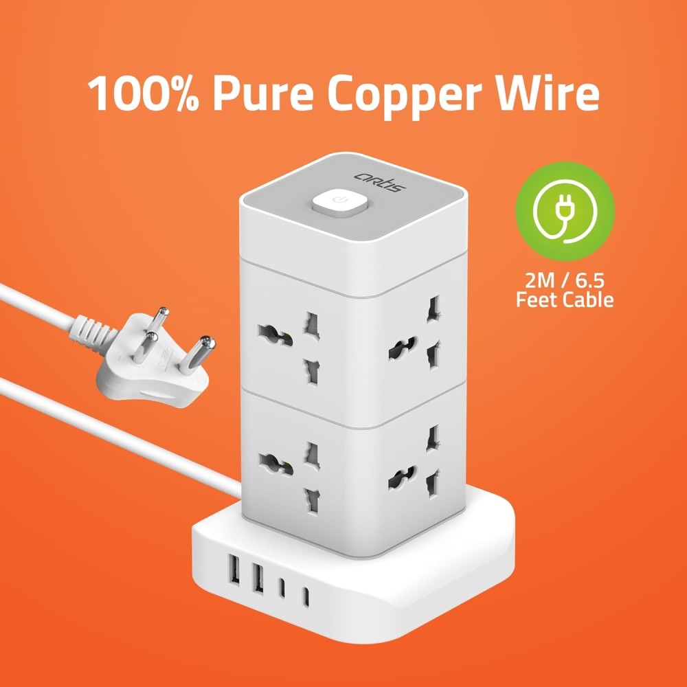 Artis AR-8SS-4USBCB 8 Universal Sockets with 2 USB-A & 2 USB-C Port with Circuit Breaker Surge Protector.