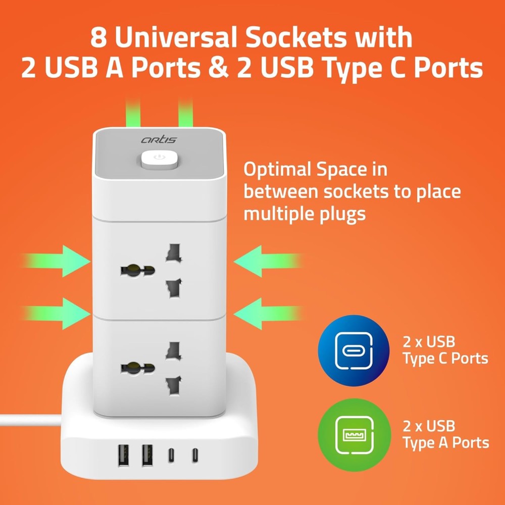 Artis AR-8SS-4USBCB 8 Universal Sockets with 2 USB-A & 2 USB-C Port with Circuit Breaker Surge Protector.
