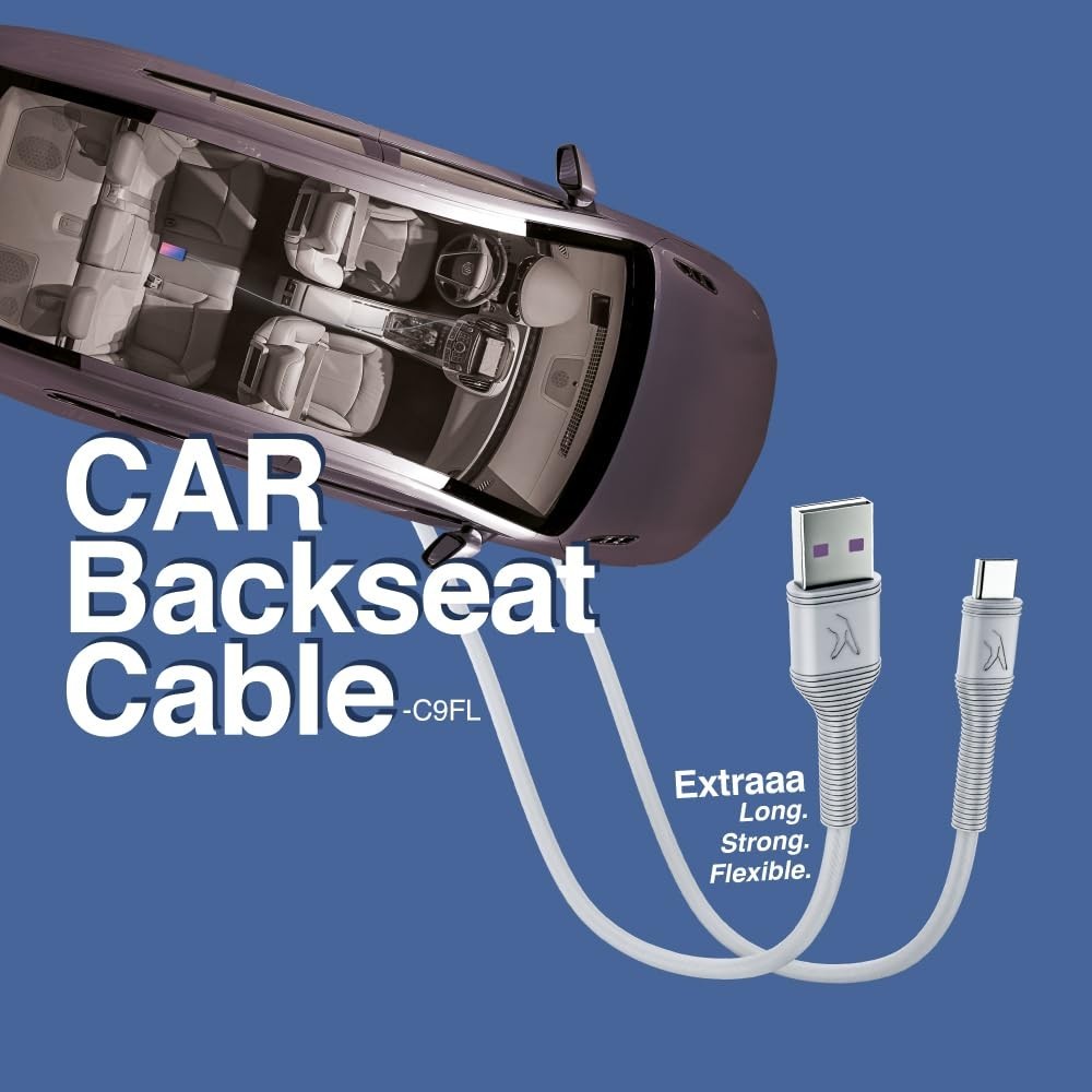 FINGERS Car Backseat-C9FL - Type-C Mobile Cable (9 feet long | Fast Charging up to 5.0 A Max | Fast Data Transfer) - Steel Grey