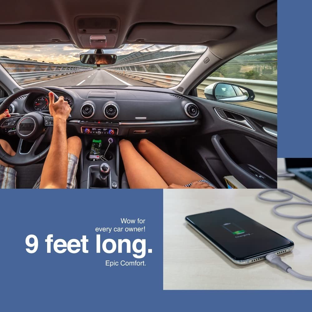 FINGERS Car Backseat-C9FL - Type-C Mobile Cable (9 feet long | Fast Charging up to 5.0 A Max | Fast Data Transfer) - Steel Grey